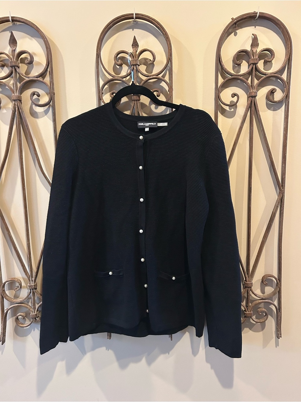 Karl Lagerfeld Navy Ribbed Pearl-Button Cardigan